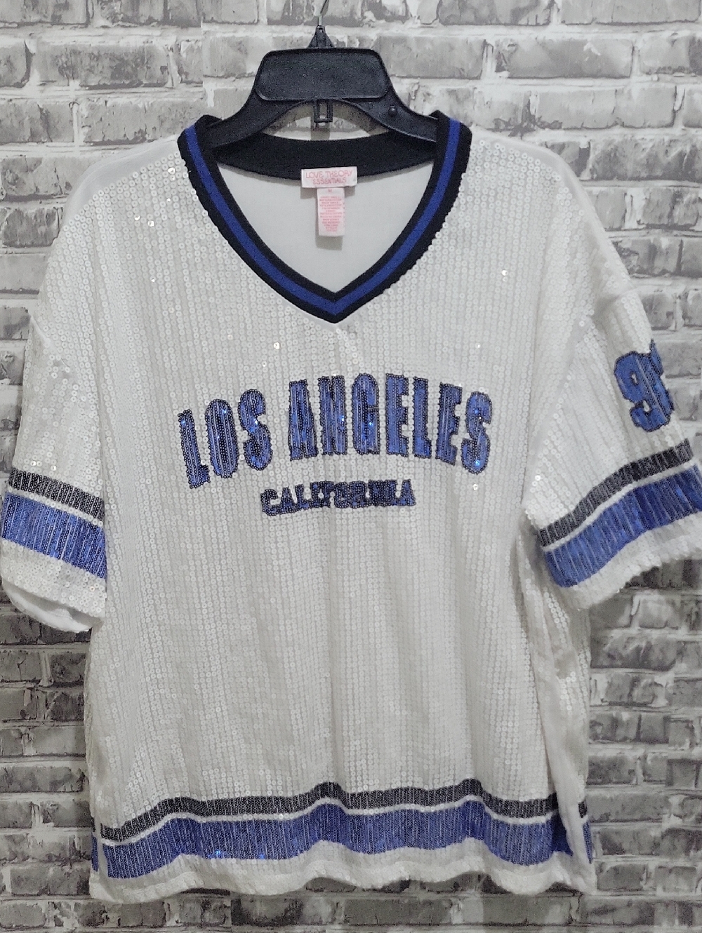 Love Theory White Sequin Los Angeles Jersey with Blue and Black Trim Oversized M
